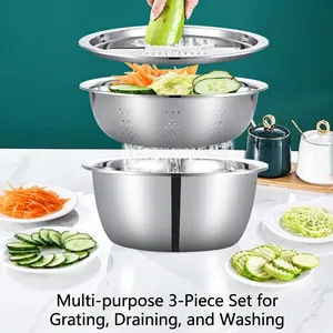 Multi-purpose 3-piece stainless steel vegetable slicer set with drain basket and mixing bowl