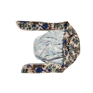 Detail of digital camouflage bandana with breathable fabric and white overlock stitching