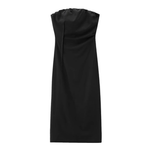 Women Strapless Maxi Dress Acetate Satin Sleeveless Solid Color Back Slit Elegant Evening Party Wear