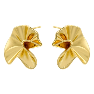 Macro view of gold irregular crinkled stud earrings with polished geometric texture