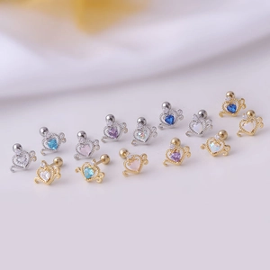 Titanium steel heart-shaped cartilage studs with colorful cubic zirconia and screw balls