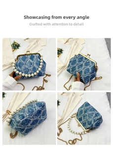 Detailed views of blue denim clutch with white lattice fringe and pearl handle