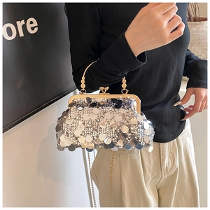 Detail showing silver sequin evening bag with gold chain strap worn by a model
