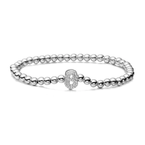 Detailed close-up of silver beaded bracelet with micro-pave zircon letter B charm