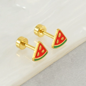 Watermelon Slice Stud Earrings Stainless Steel 18K Gold Plated Enamel Fruit Theme Screw Back Jewelry Women Fashion