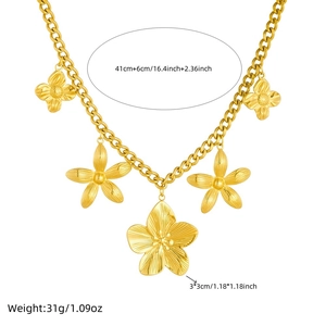 Elegant gold plated stainless steel necklace with five flower pendants and thick chain