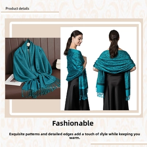 Detail of luxury teal paisley jacquard shawl scarf with elegant long fringes