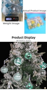 Detailed view of clear PET Christmas ornaments with feathers, ribbons and pearls
