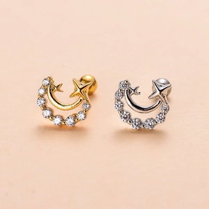 Detailed view of gold and silver star and moon earrings with sparkling zircon crystals