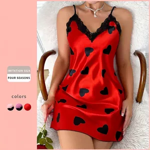Women Satin Slip Nightdress Sexy V-Neck Heart Print Lace Trim Spaghetti Strap Sleepwear Imitation Satin Nightgown