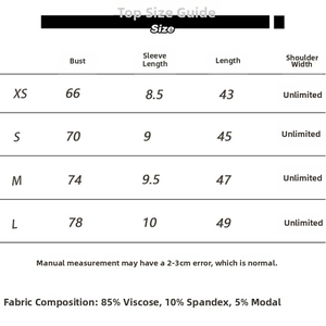 Size chart for modal sports T-shirt showing bust and length measurements from XS to L