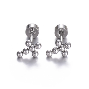 Close-up of polished stainless steel ball cluster cross stud earrings on white background