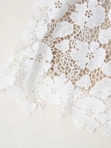 Détail du tissu en dentelle florale blanche élégante avec doublure couleur chair