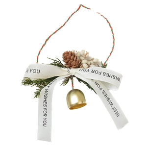 Christmas hanging ornament with golden bells, pine cones and Best Wishes white ribbon