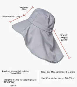 Detailed size chart for gray wide brim sun hat with neck flap for outdoor hiking