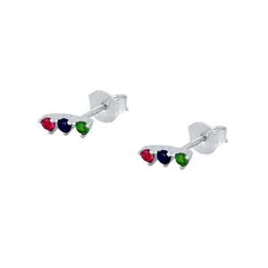 Detailed close-up of S925 silver stud earrings featuring three vertical colored zircons