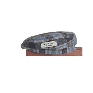 Kids vintage wool checkered beret hat in blue and grey plaid with custom woven label