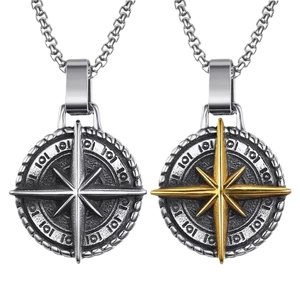 Retro compass star pendant necklaces in silver and two-tone gold for men's hip hop fashion