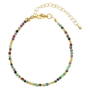 Bohemian style bracelet with colorful natural stones and gold metal clasp on white background