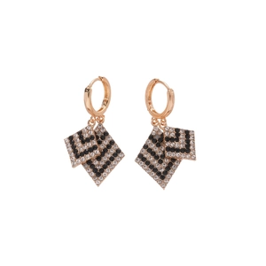 Élégantes boucles d'oreilles double losange or rose avec cristaux noirs et blancs
