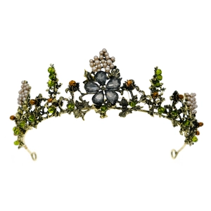 Baroque bridal crown with green crystals and pearls on a vintage gold metal headband