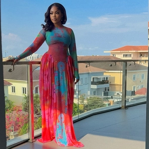 Retro long sleeve maxi dress with colorful abstract print and round neck slim fit