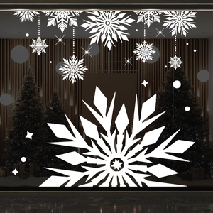 White snowflake window stickers for Christmas mall decoration with festive indoor background