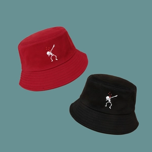 Unisex cotton bucket hat with dabbing skeleton and red heart embroidery in red and black