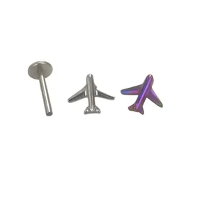G23 titanium airplane stud earrings with internal threading in silver and purple finish