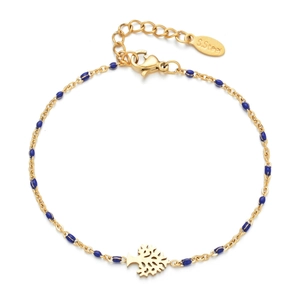 Detail of 18k gold plated tree of life charm and blue enamel beads on steel bracelet