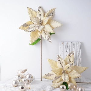 40cm cream white artificial poinsettia flower for Christmas tree decoration with silver glitter