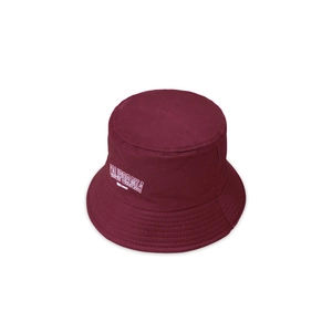 Detailed close-up of CALIFORNIA embroidery on wine red canvas bucket hat
