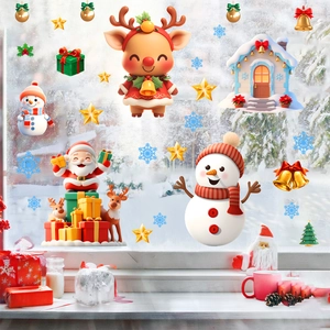 Christmas window static stickers featuring Santa, snowman, and reindeer in cozy snowy scene