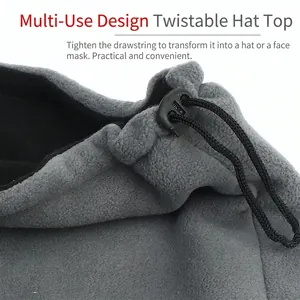 Grey fleece outdoor neck warmer with adjustable black drawstring and plastic buckle