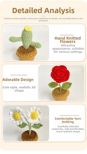 Detail of handmade crochet potted plants featuring roses, cacti, and daisies decor