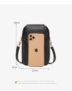 Detailed dimensions of the black woven crossbody phone bag showing 18cm height and 12cm width