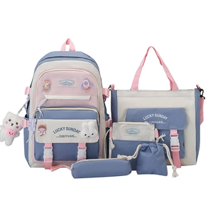 Five-piece set student backpack with laptop bag and accessories in blue and pink
