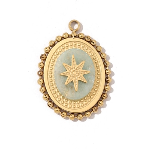 Pendentif ovale bohème en acier doré avec pierre bleu clair et motif d'étoile