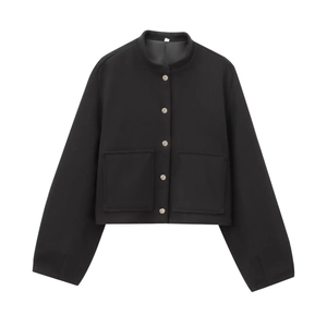 Women's black cropped bomber jacket with silver metal buttons and large patch pockets
