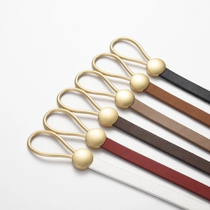 Elegant skinny leather waist belts with gold round buckles in multiple colors on white