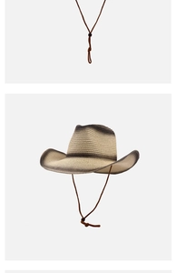 Detail of western straw hat showing gradient weave texture and adjustable chin strap
