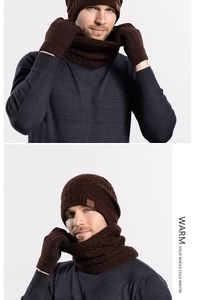 Detail of dark brown cable knit set including hat, neck warmer and non-slip gloves