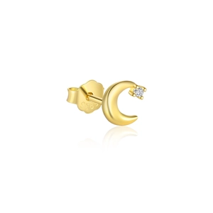Detail of S925 sterling silver crescent stud earring with sparkling cubic zirconia stone