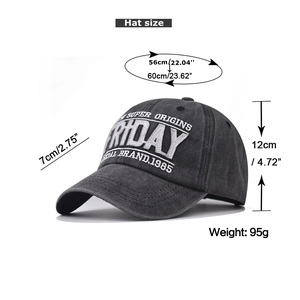 Detailed size chart of vintage washed Friday baseball cap with brim and height specs