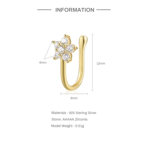 Detailed dimensions of 925 sterling silver flower nose cuff with AAAAA zirconia stones