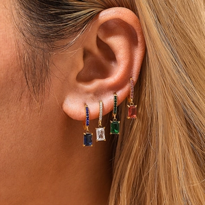 Elegant 18K gold plated drop earrings with square colorful zircon stones on model