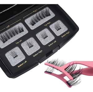 Detail of magnetic eyelash kit with pink applicator and labeled black storage case