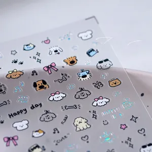Detailed holographic nail stickers featuring cute cartoon dogs, cats, and stars with laser effect