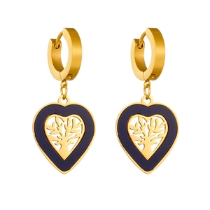 Boucles d'oreilles cœur doré avec résine bleue et motif arbre de vie en acier inoxydable