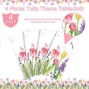 Pack of 4 tulip floral print PE tablecloths made of durable thick plastic for spring parties